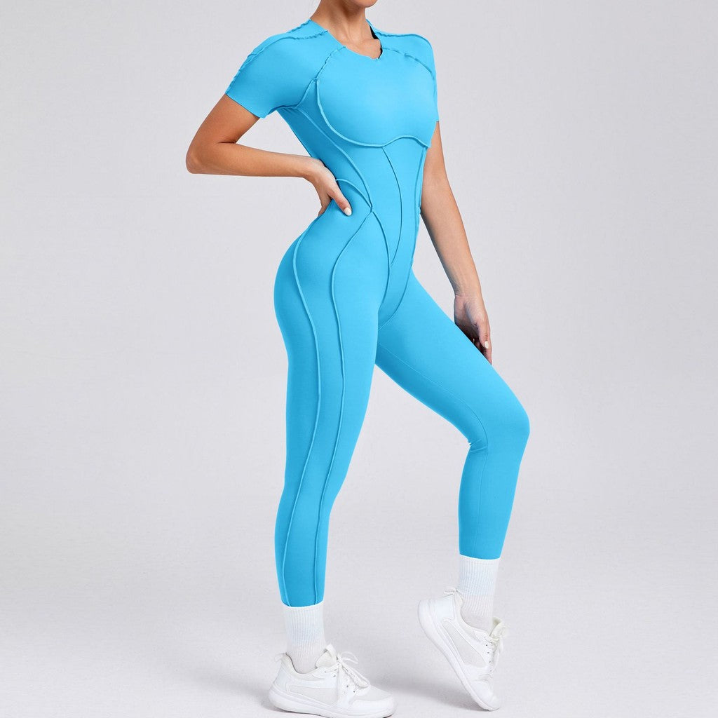 BDCV Build-In Bra Short-Sleeve Aerial Yoga Jumpsuit Women Backless One-Piece Sports Outfit Pilate Yoga Bodysuit