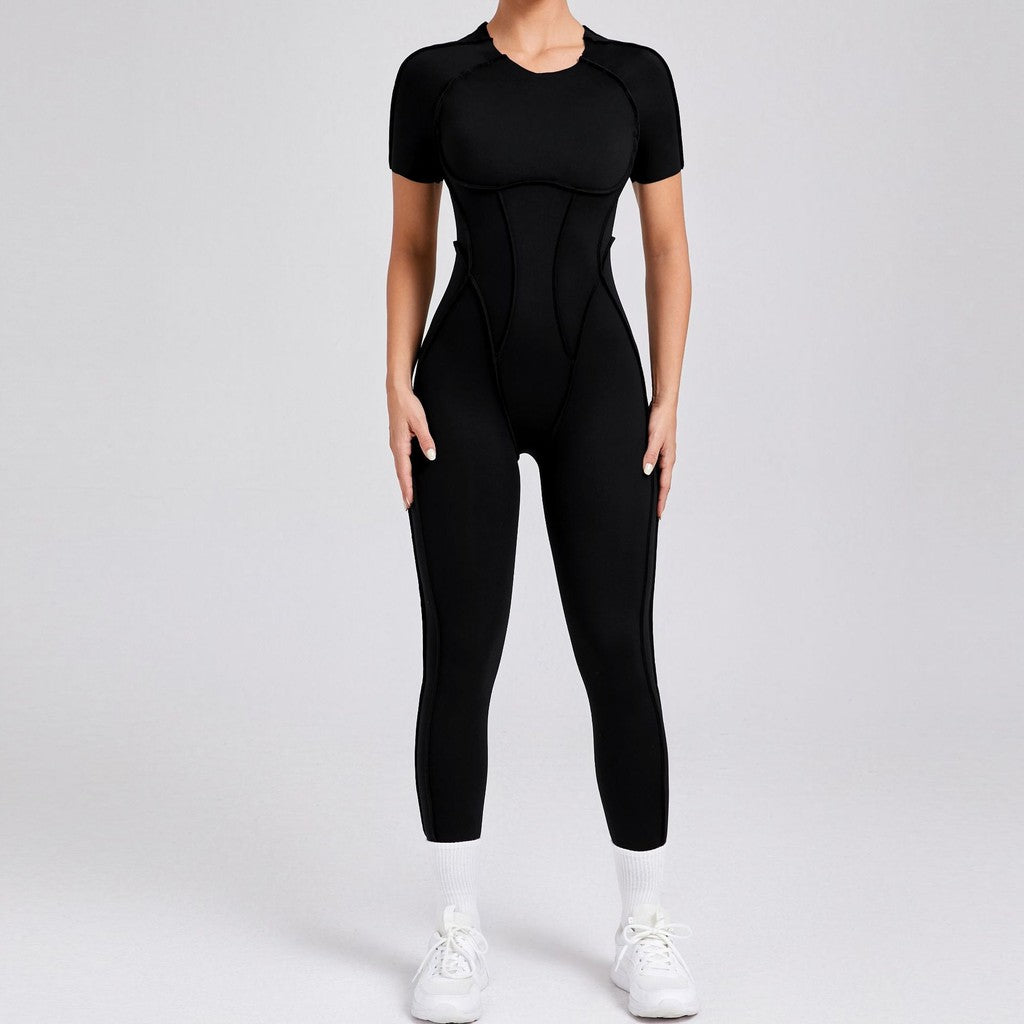 BDCV Build-In Bra Short-Sleeve Aerial Yoga Jumpsuit Women Backless One-Piece Sports Outfit Pilate Yoga Bodysuit