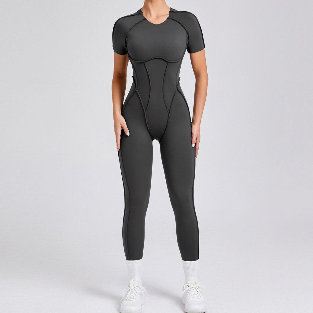BDCV Build-In Bra Short-Sleeve Aerial Yoga Jumpsuit Women Backless One-Piece Sports Outfit Pilate Yoga Bodysuit