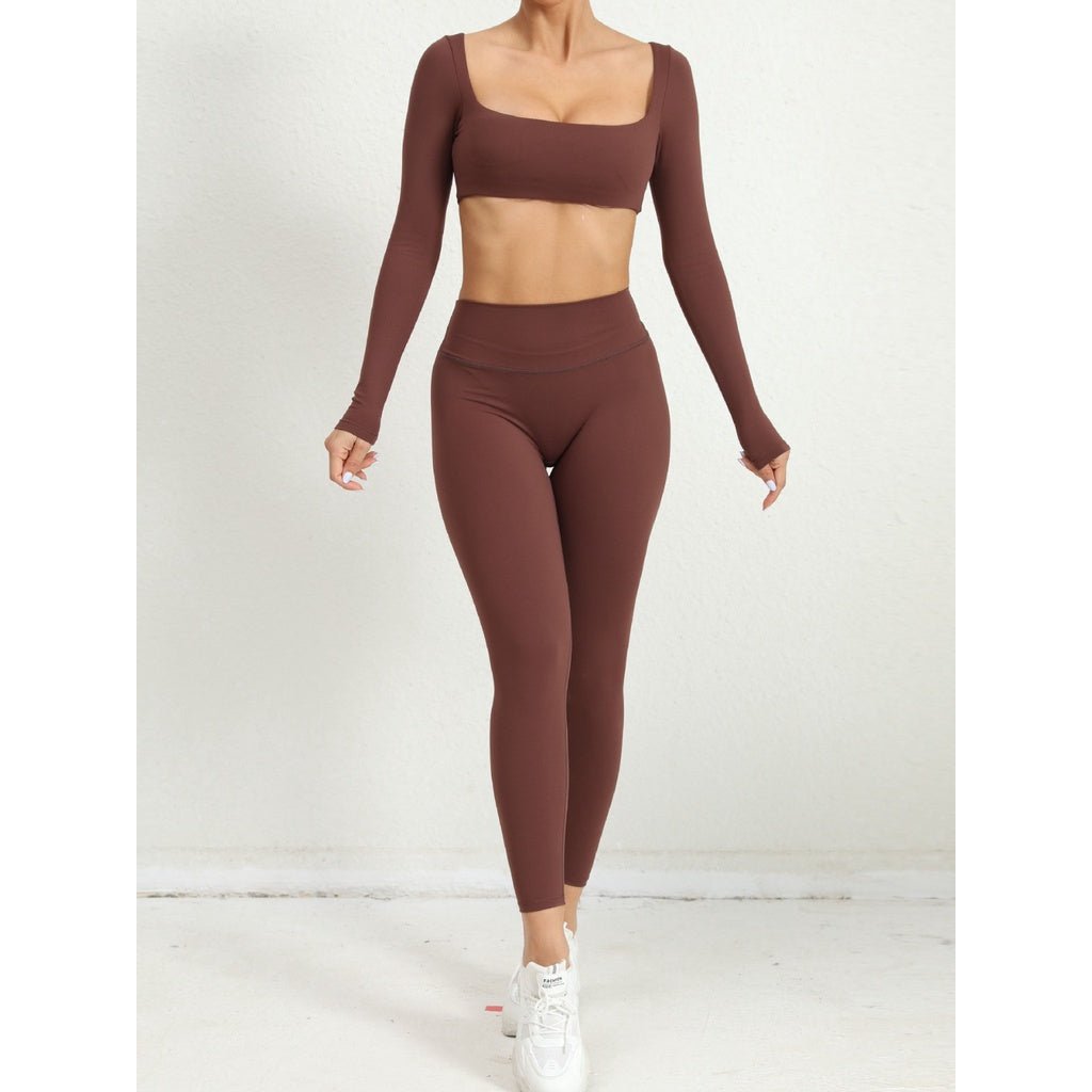 Square Collar Yoga Sports Outfit Women 2 Pcs Padded Workout Long Sleeve Sports Set Wear - BodyCarver
