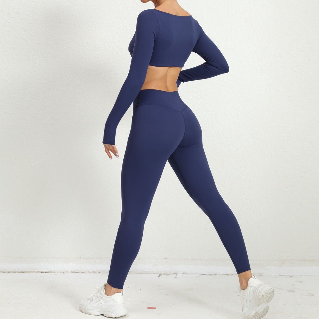 Square Collar Yoga Sports Outfit Women 2 Pcs Padded Workout Long Sleeve Sports Set Wear - BodyCarver