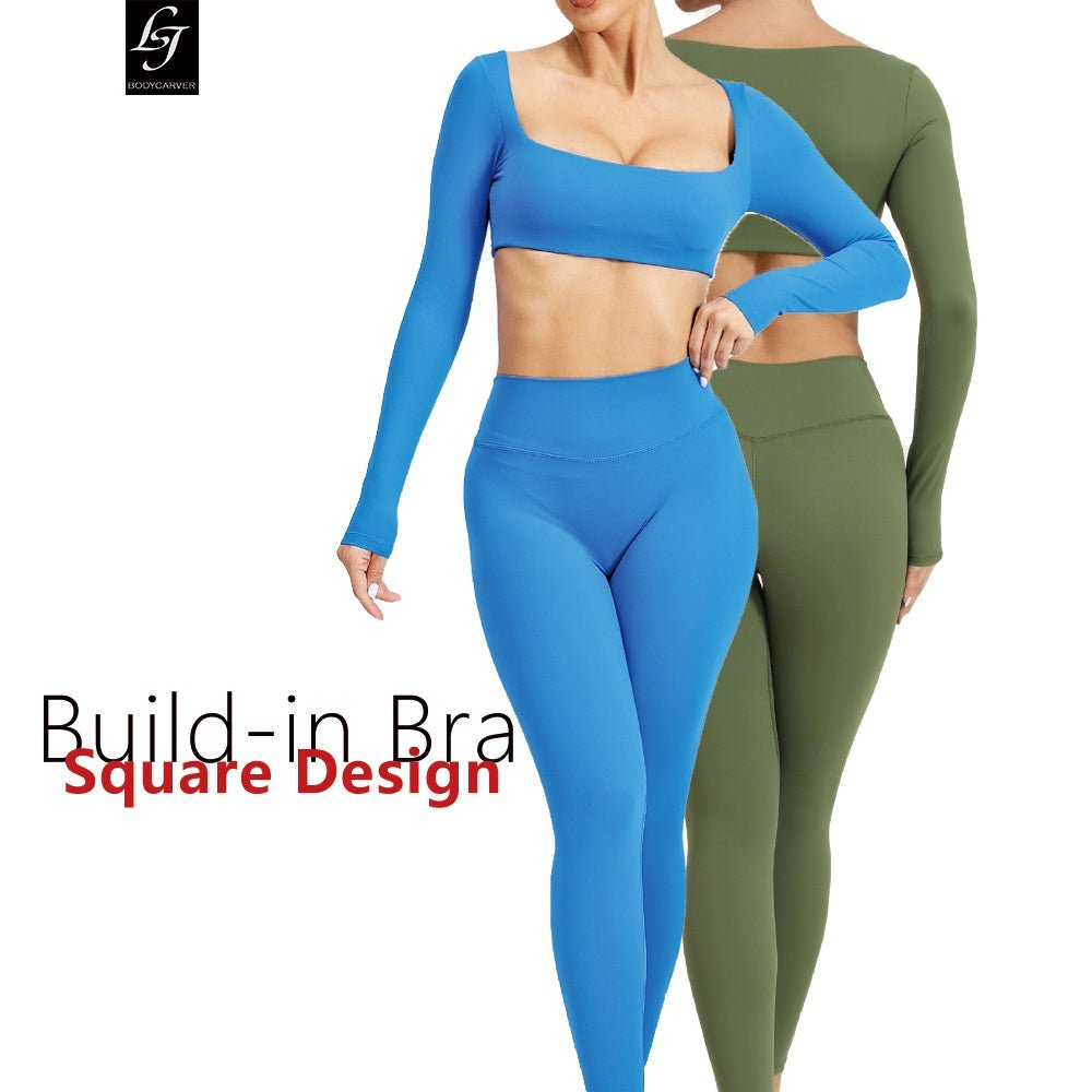 Square Collar Yoga Sports Outfit Women 2 Pcs Padded Workout Long Sleeve Sports Set Wear - BodyCarver