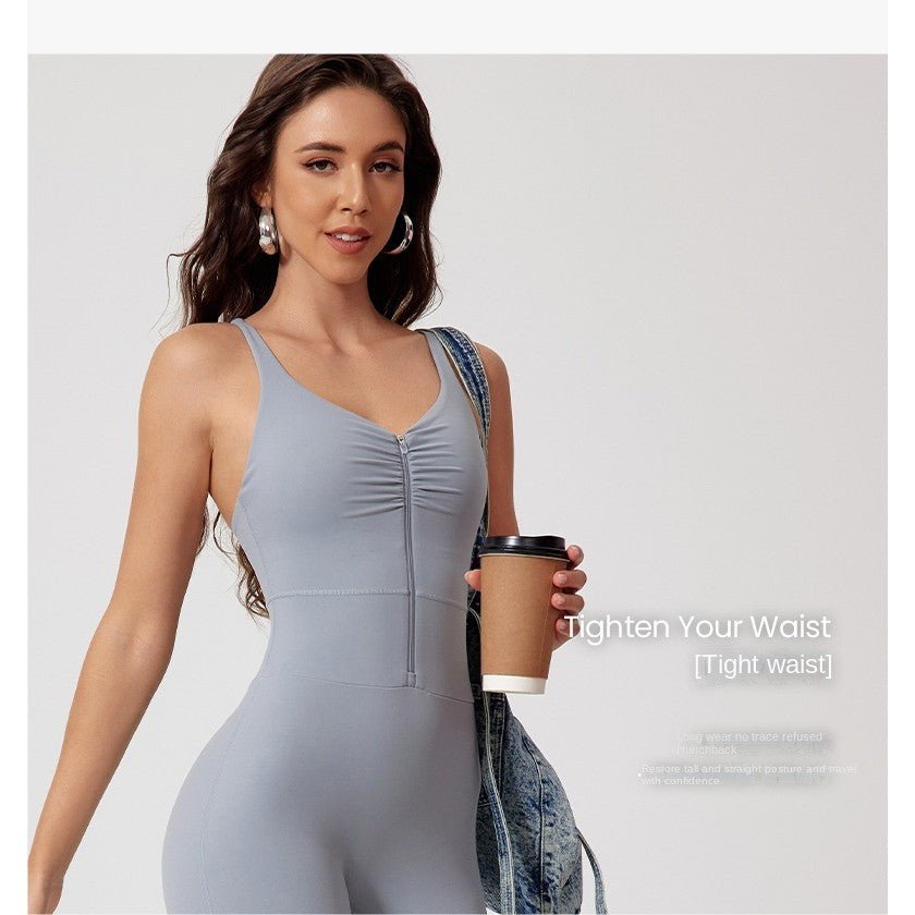Zipper OOTD Bodysuit Women Pilate Yoga Jumpsuit With Bra Athleisure Sports Fitness One - Piece Suit Outfit - BodyCarver