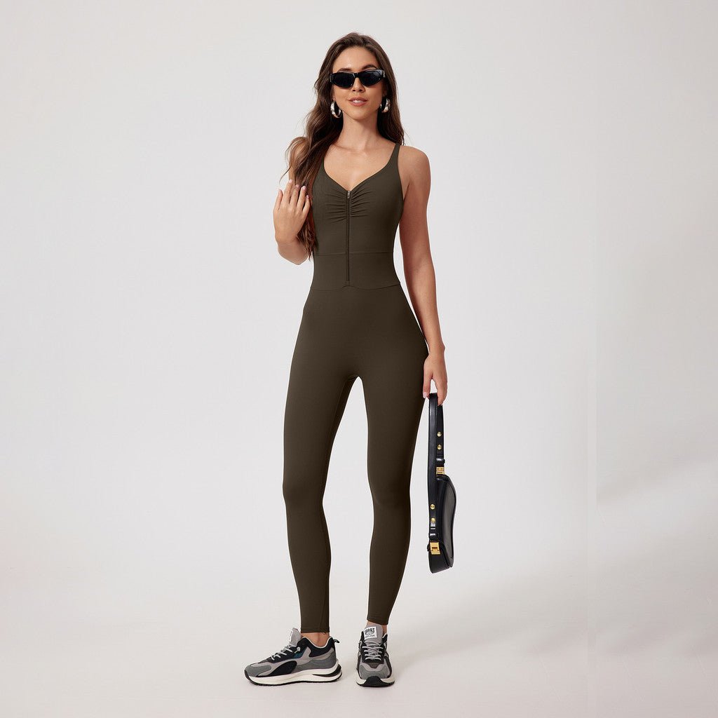 Zipper OOTD Bodysuit Women Pilate Yoga Jumpsuit With Bra Athleisure Sports Fitness One - Piece Suit Outfit - BodyCarver