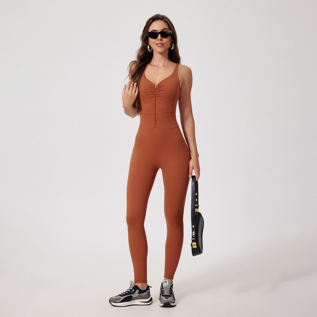 Zipper OOTD Bodysuit Women Pilate Yoga Jumpsuit With Bra Athleisure Sports Fitness One - Piece Suit Outfit - BodyCarver