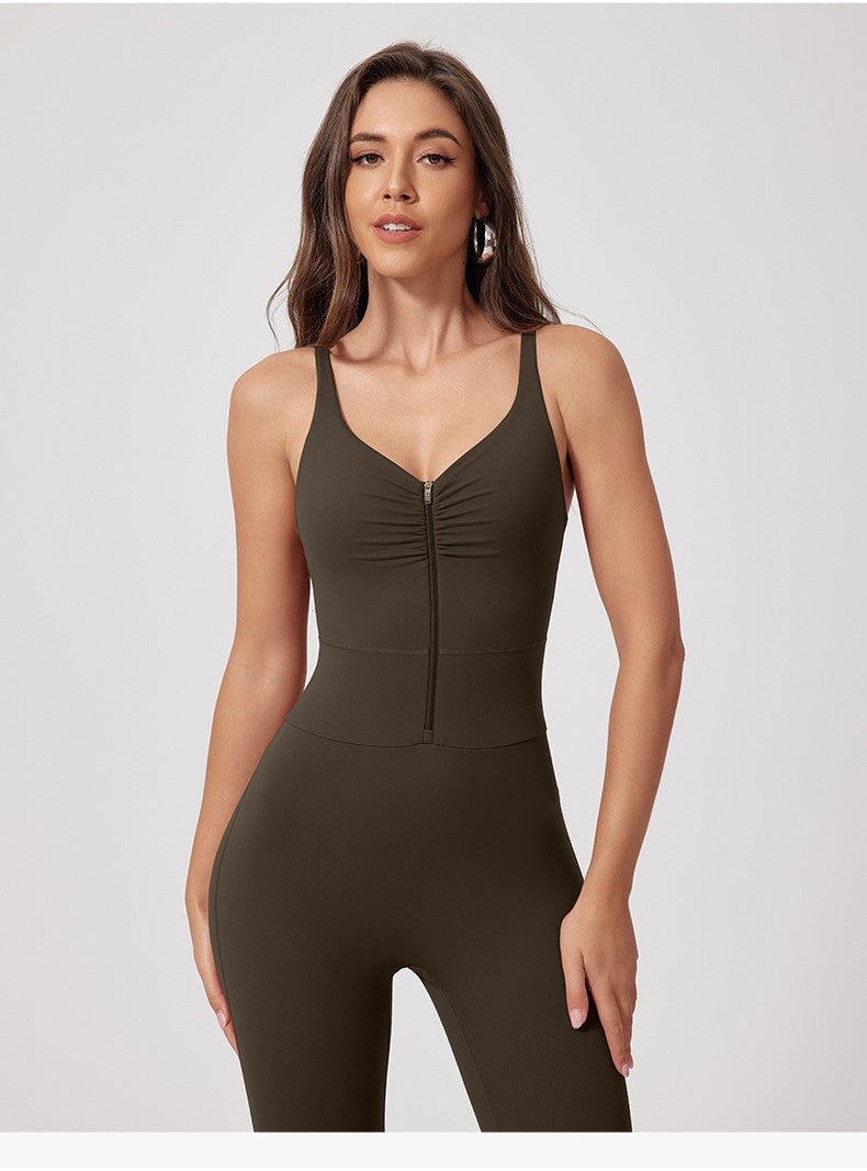 Zipper OOTD Bodysuit Women Pilate Yoga Jumpsuit With Bra Athleisure Sports Fitness One - Piece Suit Outfit - BodyCarver
