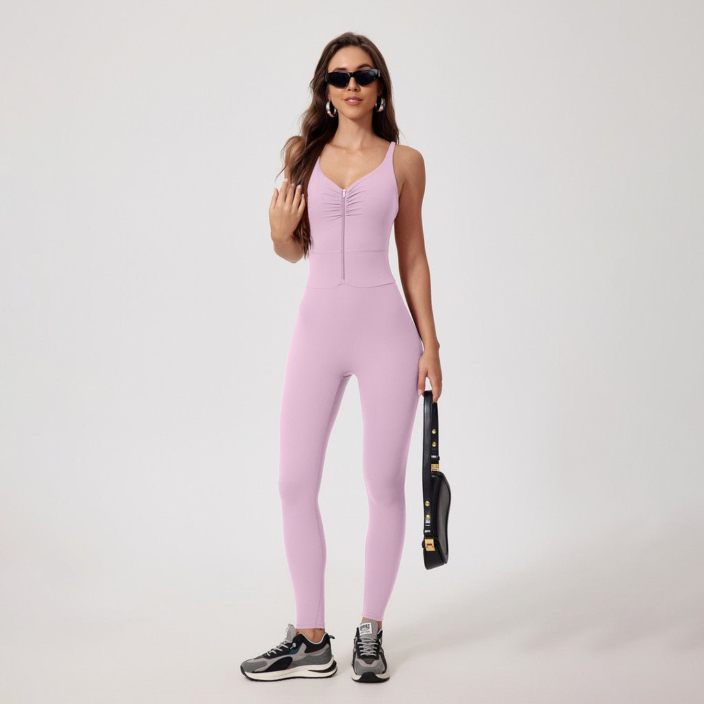 Zipper OOTD Bodysuit Women Pilate Yoga Jumpsuit With Bra Athleisure Sports Fitness One - Piece Suit Outfit - BodyCarver