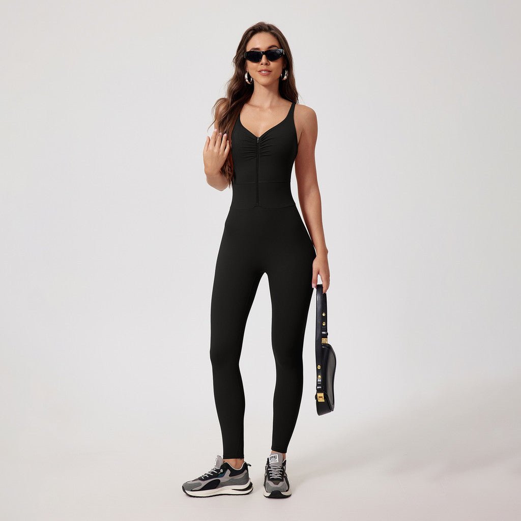 Zipper OOTD Bodysuit Women Pilate Yoga Jumpsuit With Bra Athleisure Sports Fitness One - Piece Suit Outfit - BodyCarver
