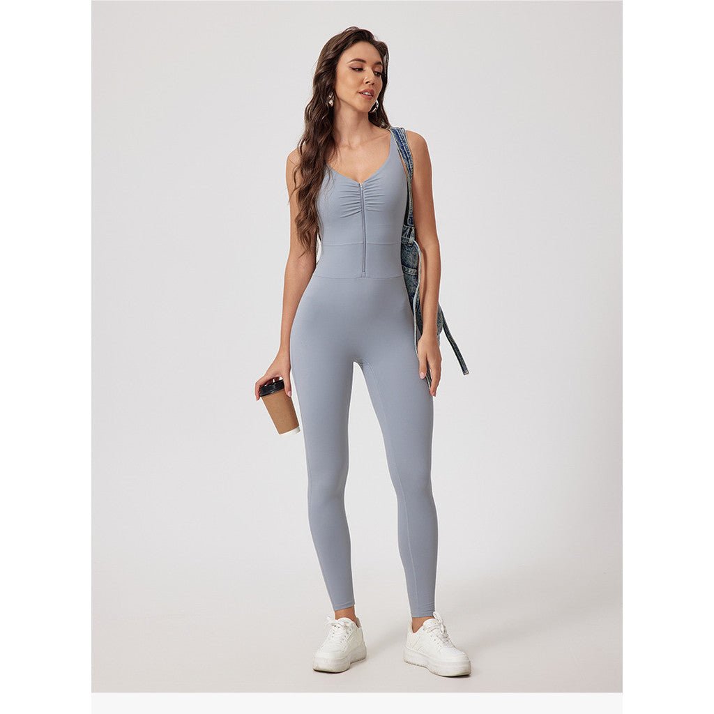 Zipper OOTD Bodysuit Women Pilate Yoga Jumpsuit With Bra Athleisure Sports Fitness One - Piece Suit Outfit - BodyCarver