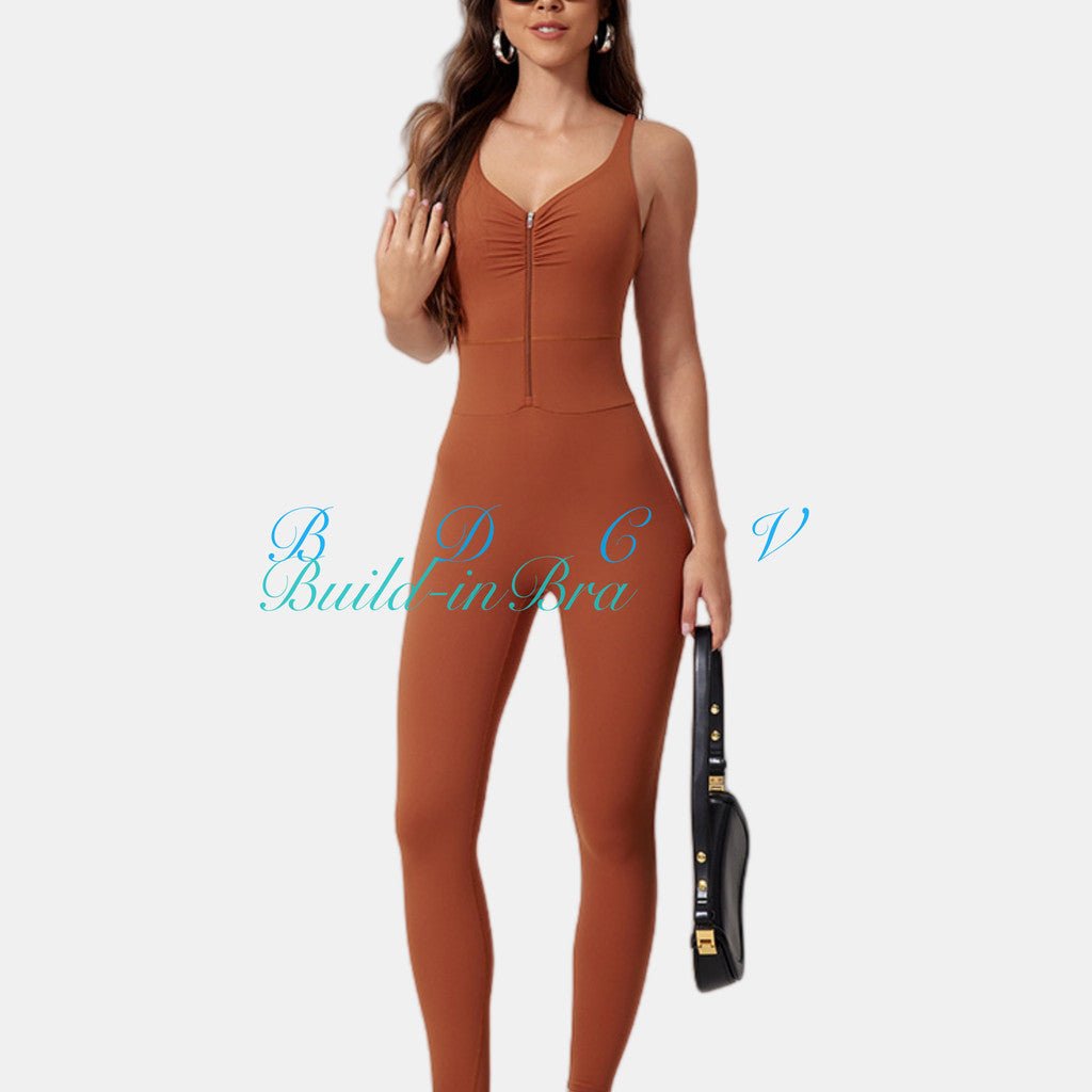Zipper OOTD Bodysuit Women Pilate Yoga Jumpsuit With Bra Athleisure Sports Fitness One - Piece Suit Outfit - BodyCarver