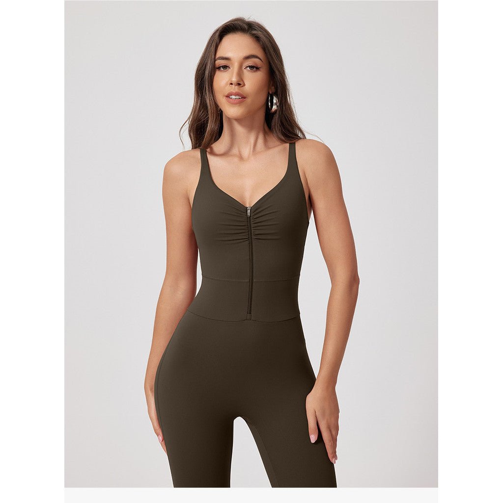 Zipper OOTD Bodysuit Women Pilate Yoga Jumpsuit With Bra Athleisure Sports Fitness One - Piece Suit Outfit - BodyCarver