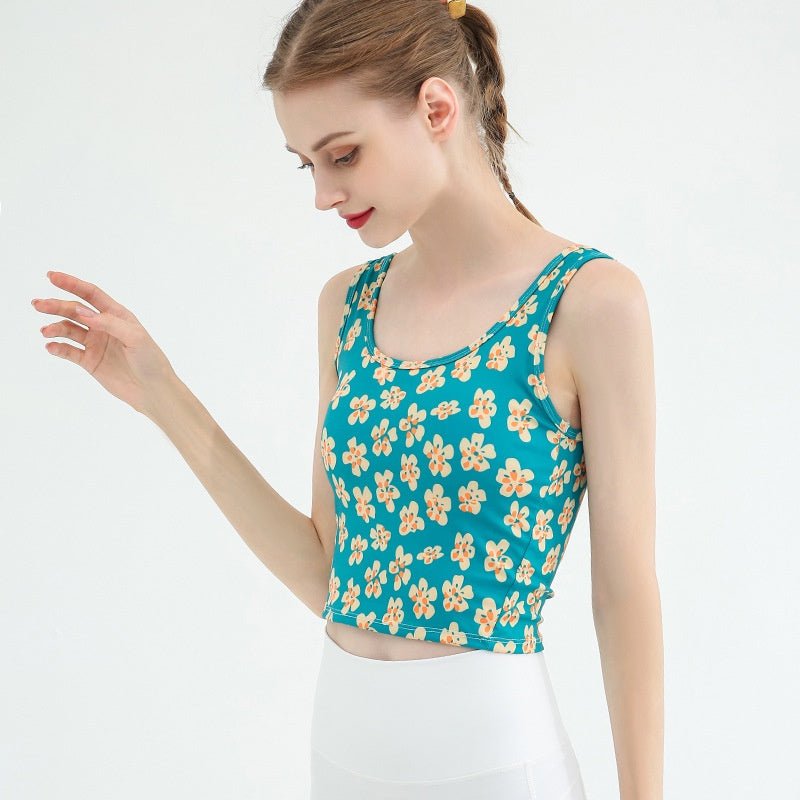 BC BLOOM Athleisure Yoga Top Women Sports Bra Floral Pattern Elastic Fitness Gym Camisole with Pad Women Casual Outfit Bra - BodyCarver