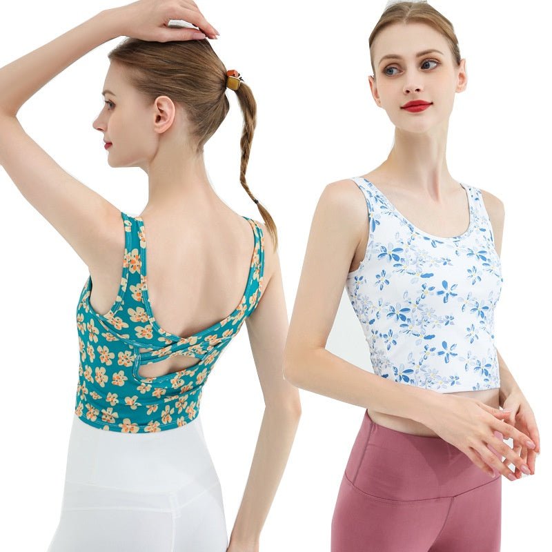 BC BLOOM Athleisure Yoga Top Women Sports Bra Floral Pattern Elastic Fitness Gym Camisole with Pad Women Casual Outfit Bra - BodyCarver