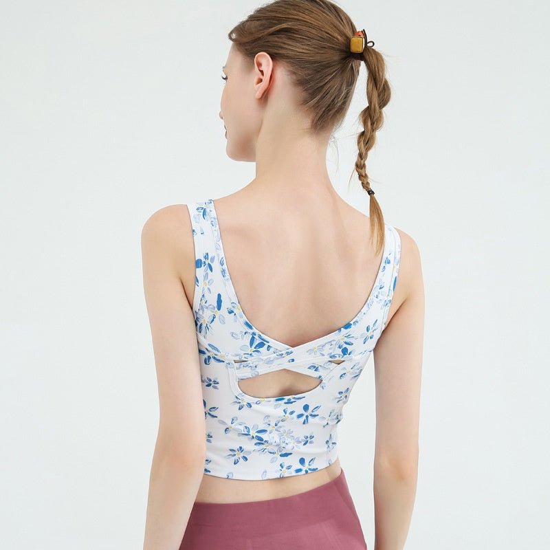 BC BLOOM Athleisure Yoga Top Women Sports Bra Floral Pattern Elastic Fitness Gym Camisole with Pad Women Casual Outfit Bra - BodyCarver