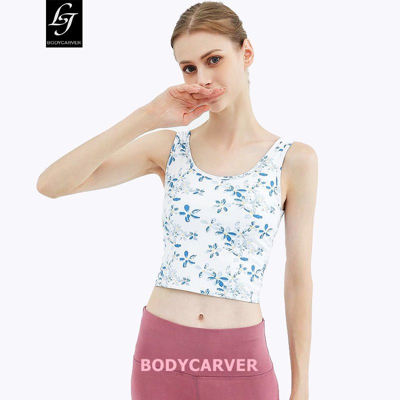 BC BLOOM Athleisure Yoga Top Women Sports Bra Floral Pattern Elastic Fitness Gym Camisole with Pad Women Casual Outfit Bra - BodyCarver