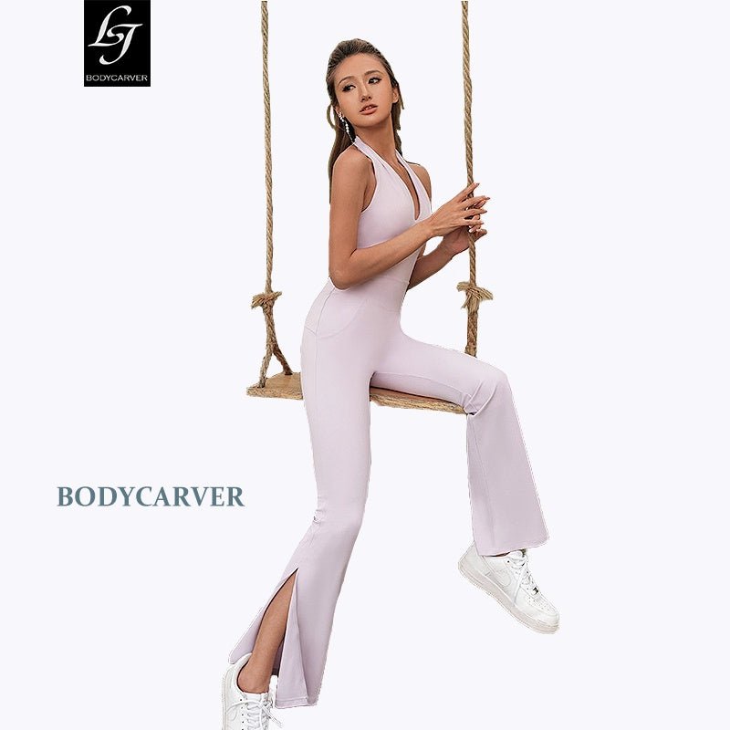 BC OOTD Athleisure Jumpsuit Yoga Women Buttery Neck-hanging Jumpsuit with Pad Beauty Back High Elastic Yoga Bodysuit WJ023 - BodyCarver