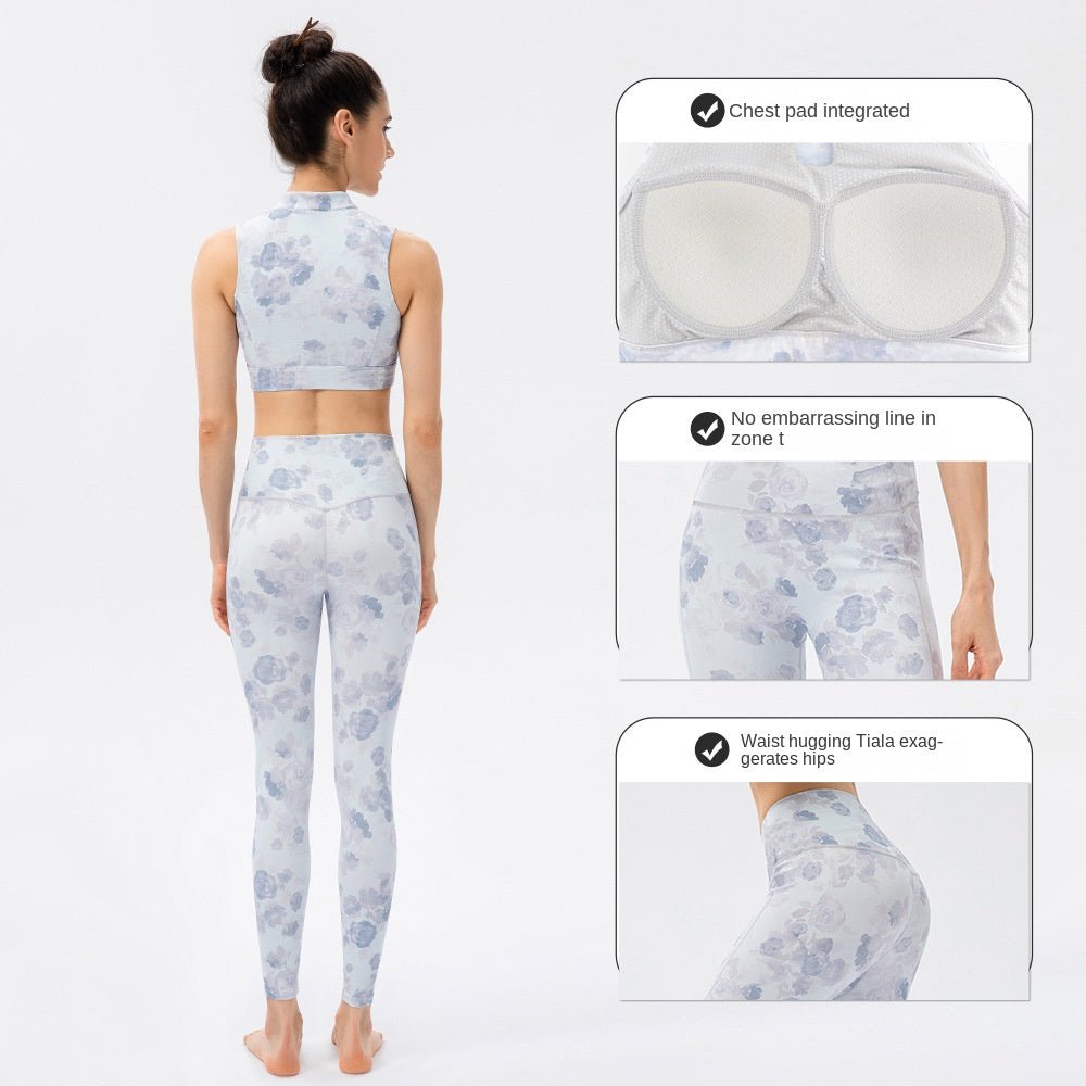 BC TIME Sports Wear Women Asian Designed Workout Set with Pad Buttery Elastic Sports Bra Floral Breathable Yoga Pants Women Yoga Set Wear - BodyCarver
