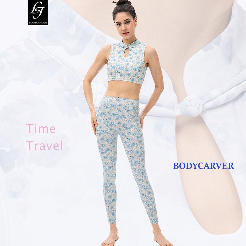 BC TIME Sports Wear Women Asian Designed Workout Set with Pad Buttery Elastic Sports Bra Floral Breathable Yoga Pants Women Yoga Set Wear - BodyCarver
