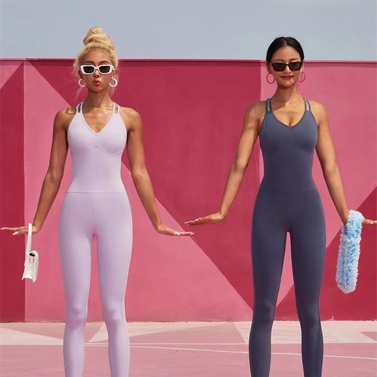 BC V-NECK Atheisure jumpsuit women buttery aerial yoga jumpsuit shockproof bra design breathable wicking exercise shaping hip lifting yoga one-piece suit - BodyCarver