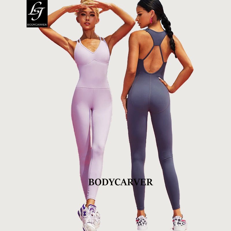 BC V-NECK Atheisure jumpsuit women buttery aerial yoga jumpsuit shockproof bra design breathable wicking exercise shaping hip lifting yoga one-piece suit - BodyCarver