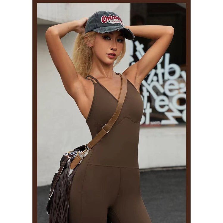 BC V-NECK Atheisure jumpsuit women buttery aerial yoga jumpsuit shockproof bra design breathable wicking exercise shaping hip lifting yoga one-piece suit - BodyCarver