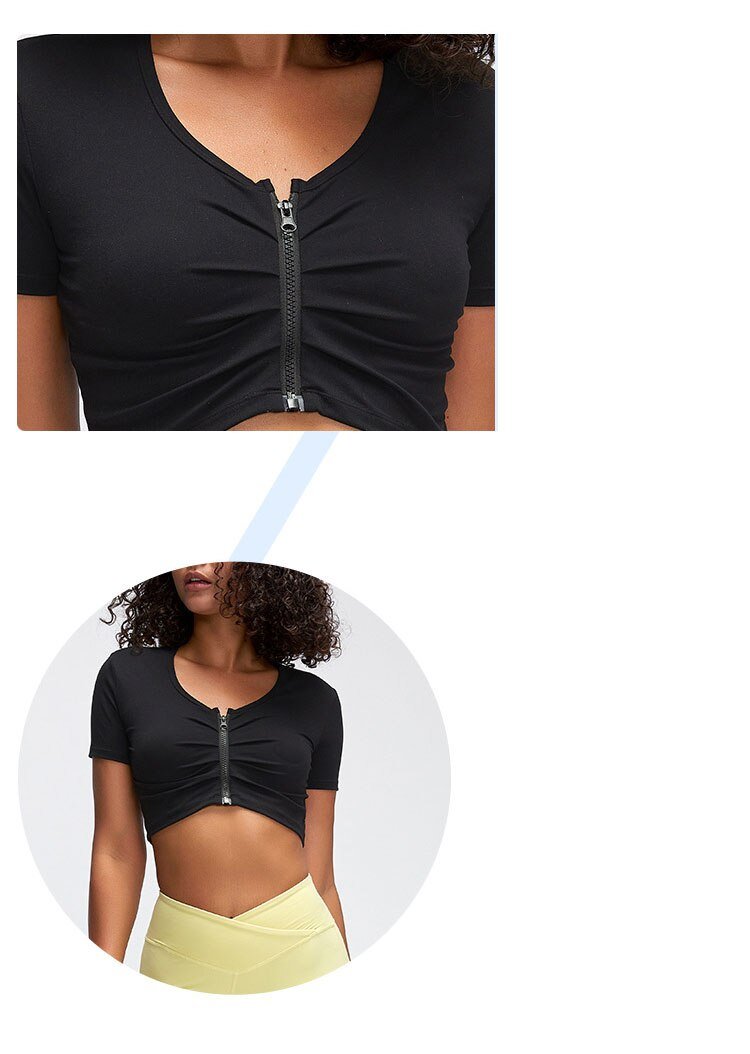 BC Women Crop Yoga Top Short Sleeve T-Shirts With Zipper Gym Clothing Sportswear WB012 - BodyCarver