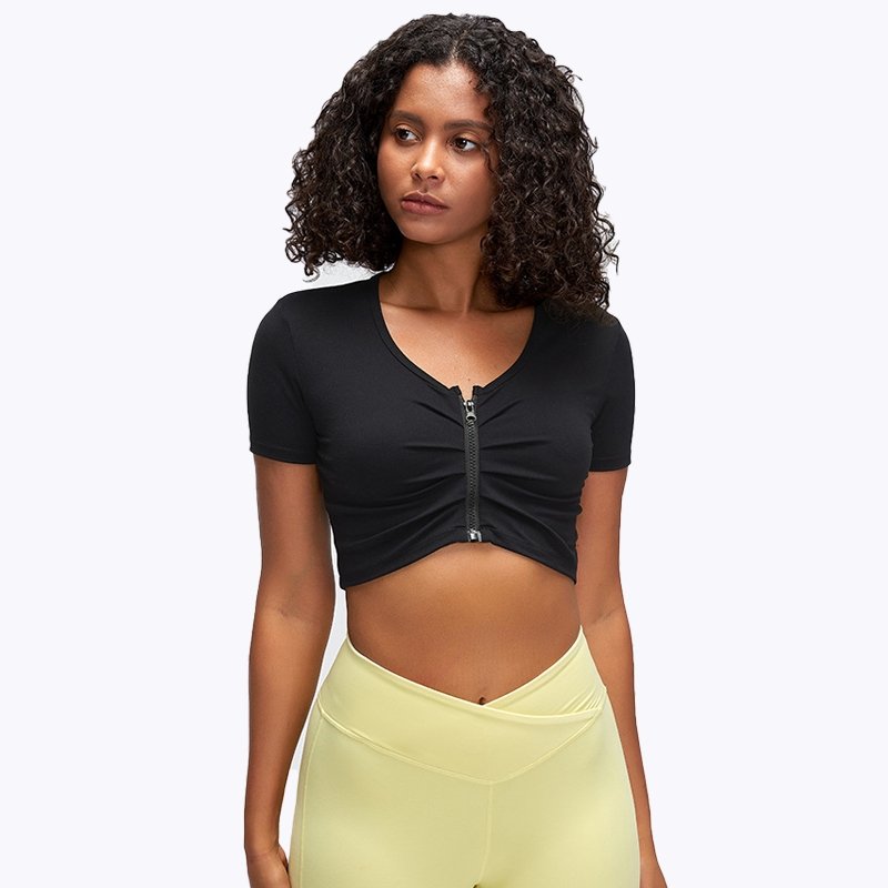 BC Women Crop Yoga Top Short Sleeve T-Shirts With Zipper Gym Clothing Sportswear WB012 - BodyCarver