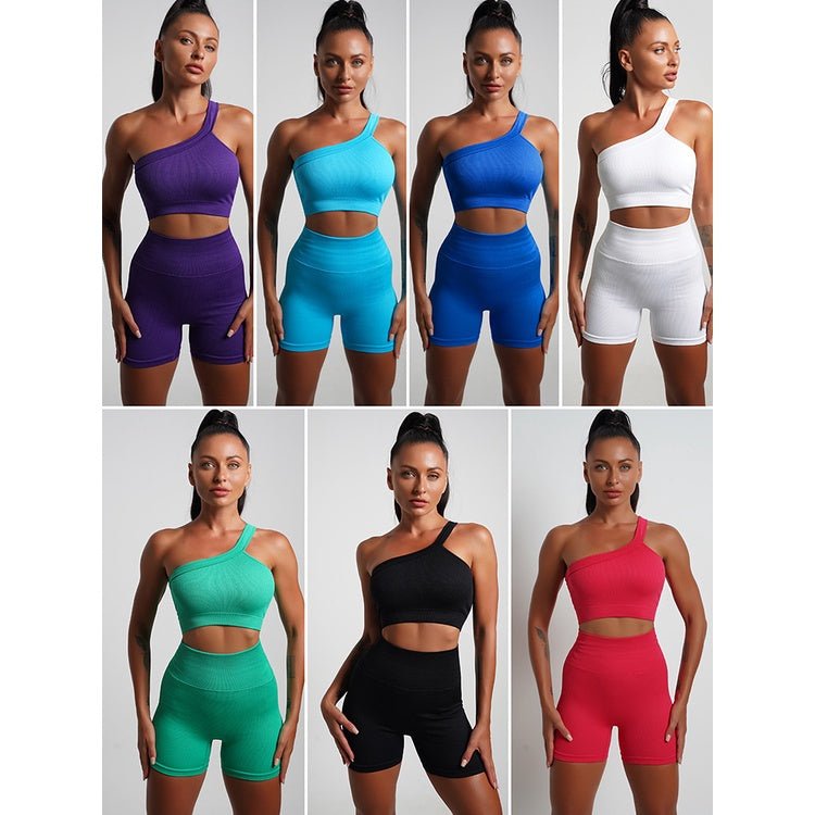 BODYCARVER 23ss Rainbow Sports Wear Set Women Fitness Running Suit Single Shoulder Sports Bra 7 Colors High Elastic Sports Pants - BodyCarver