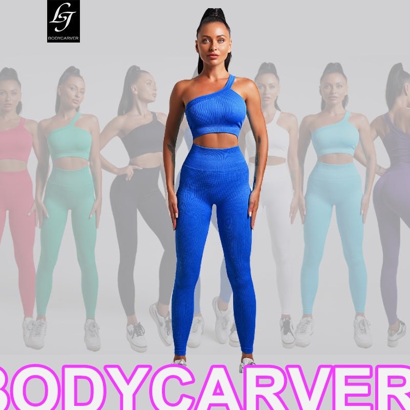 BODYCARVER 23ss Rainbow Sports Wear Set Women Fitness Running Suit Single Shoulder Sports Bra 7 Colors High Elastic Sports Pants - BodyCarver