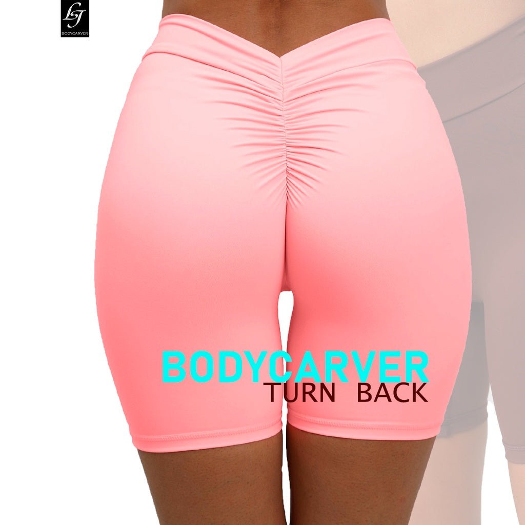 BODYCARVER BACK V Yoga Bike Shorts Women No Middle Line High Elastic Peach Hip Fitness Gym Shorts - BodyCarver