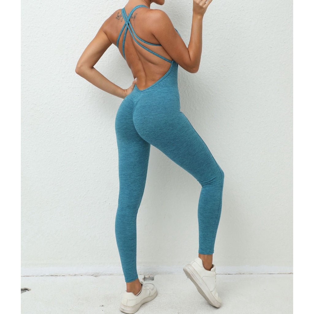 BODYCARVER Backless Yoga Jumpsuit Women Cross Back Fitness Sports Bodysuits with Pad High Elastic Leotards - BodyCarver