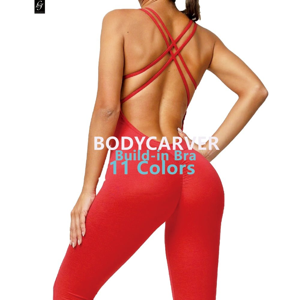 BODYCARVER Backless Yoga Jumpsuit Women Cross Back Fitness Sports Bodysuits with Pad High Elastic Leotards - BodyCarver