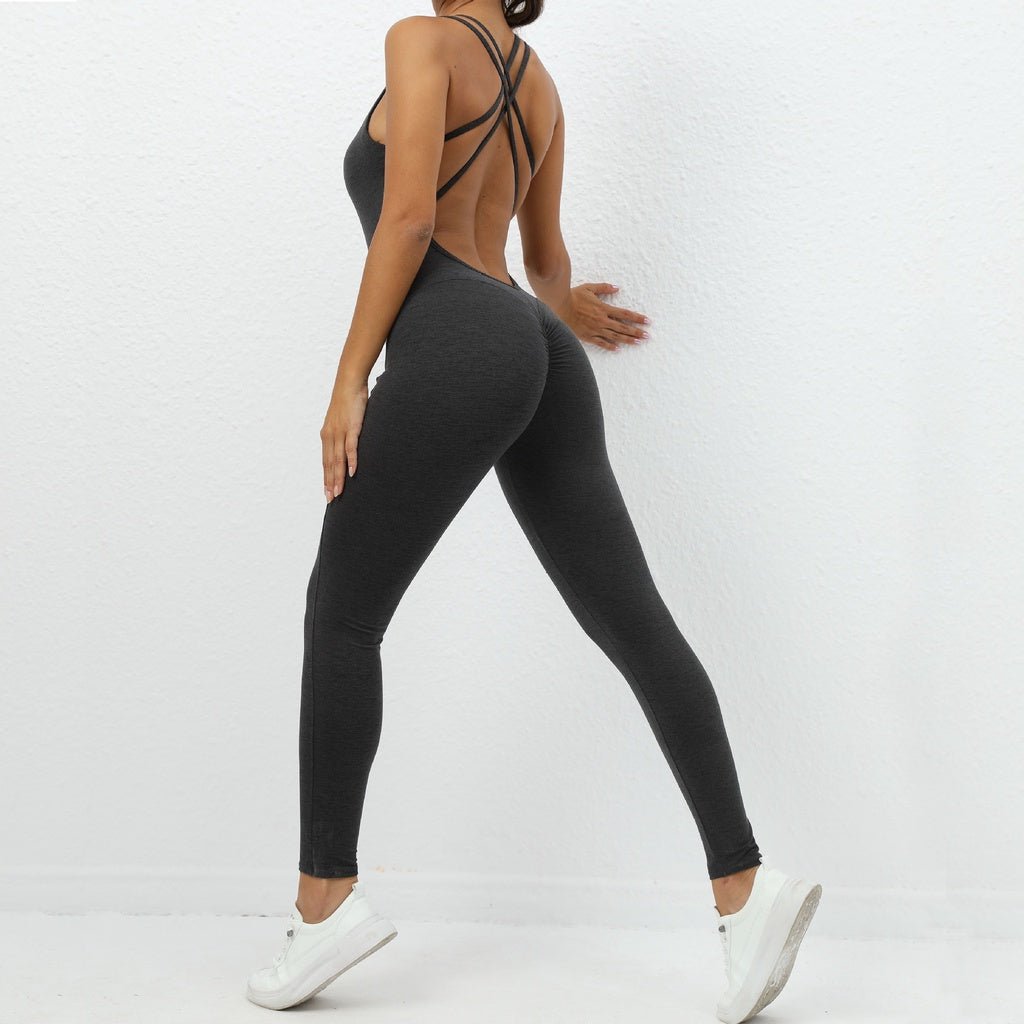 BODYCARVER Backless Yoga Jumpsuit Women Cross Back Fitness Sports Bodysuits with Pad High Elastic Leotards - BodyCarver