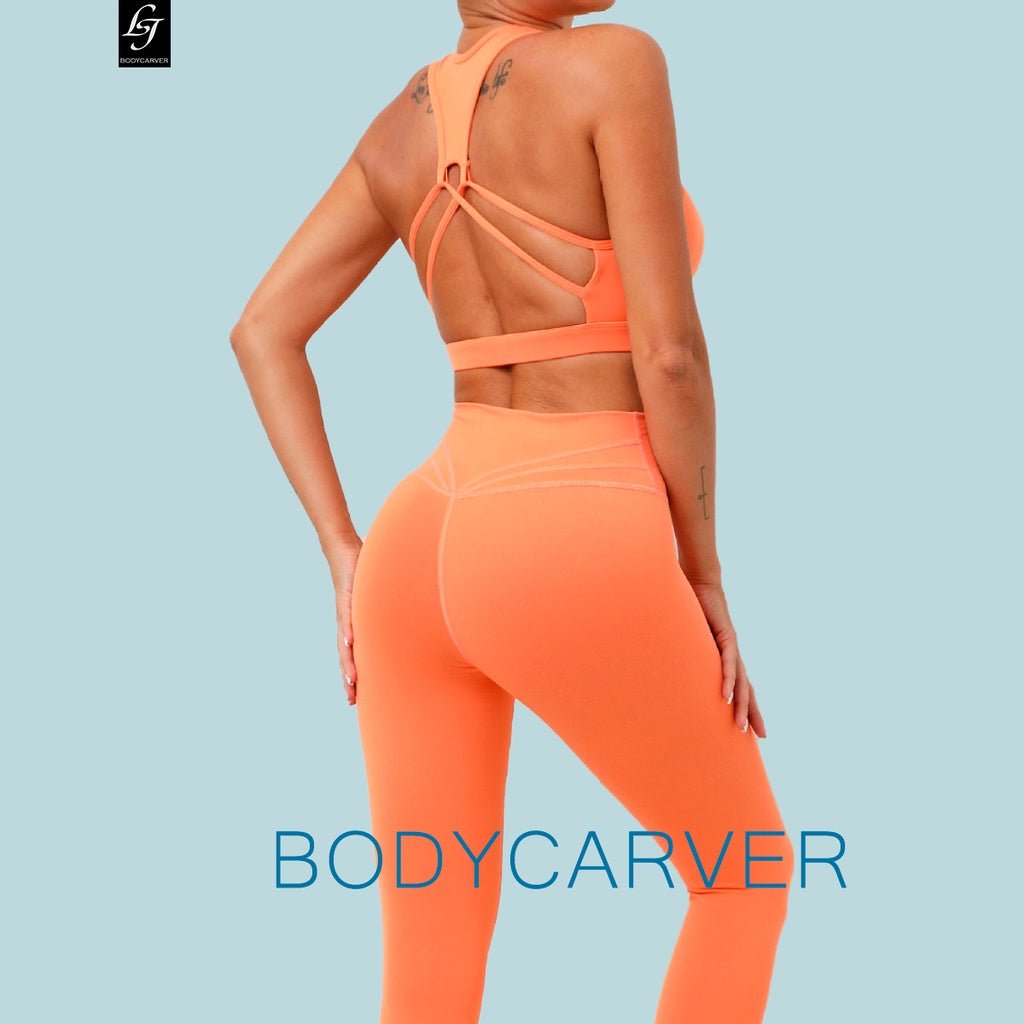 BODYCARVER Beauty Back Sports Yoga Outfit Women 2 Pcs Yoga Suit Shockproof Yoga Clothes Sports Vest Hip Waist Pants Fitness Trousers - BodyCarver