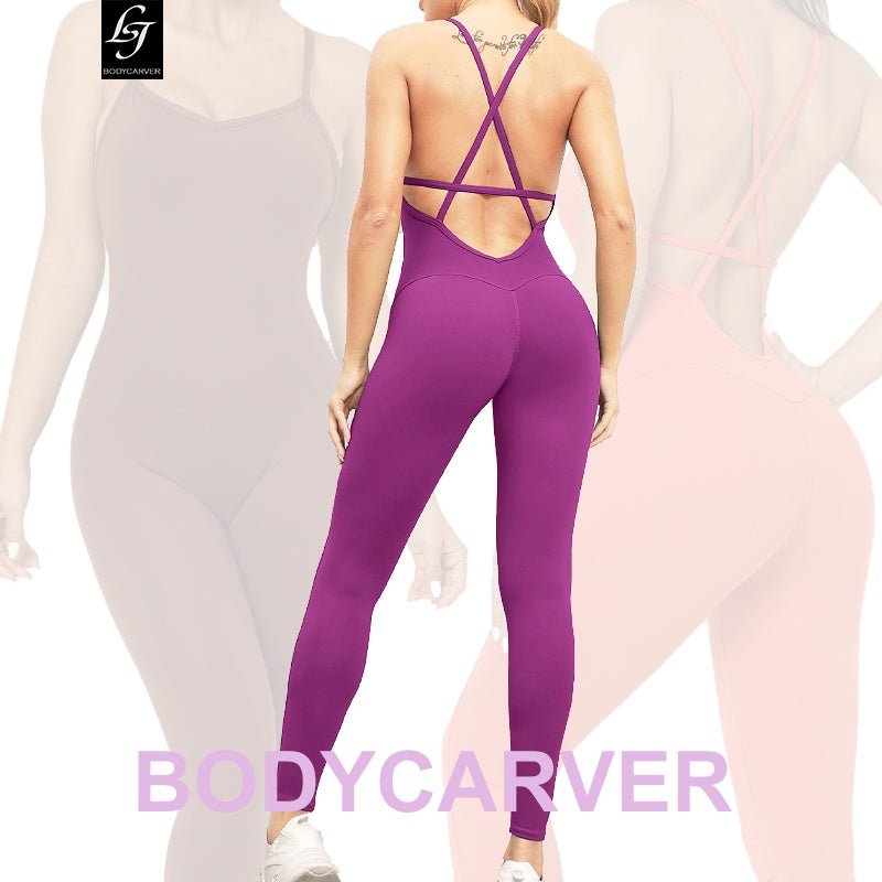 BODYCARVER Beauty Back Yoga Bodysuit Women Padded Fitness Workout Sports Jumpsuit High Elastic Gym Yoga Wear Set - BodyCarver