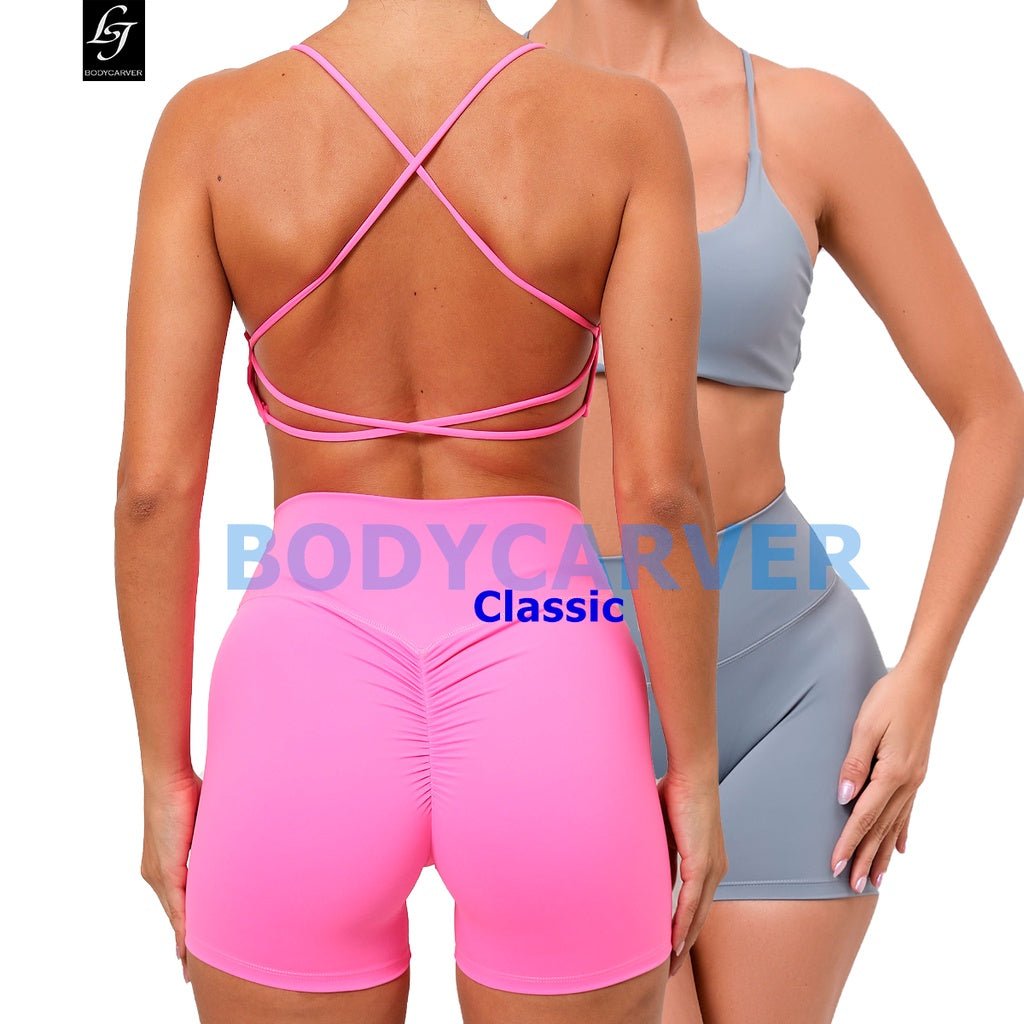BODYCARVER Classic Sports Outfit Women 2pcs Cross Back Yoga Suit High Elastic Beauty Back Sports Bra Breathable Bike Shorts - BodyCarver