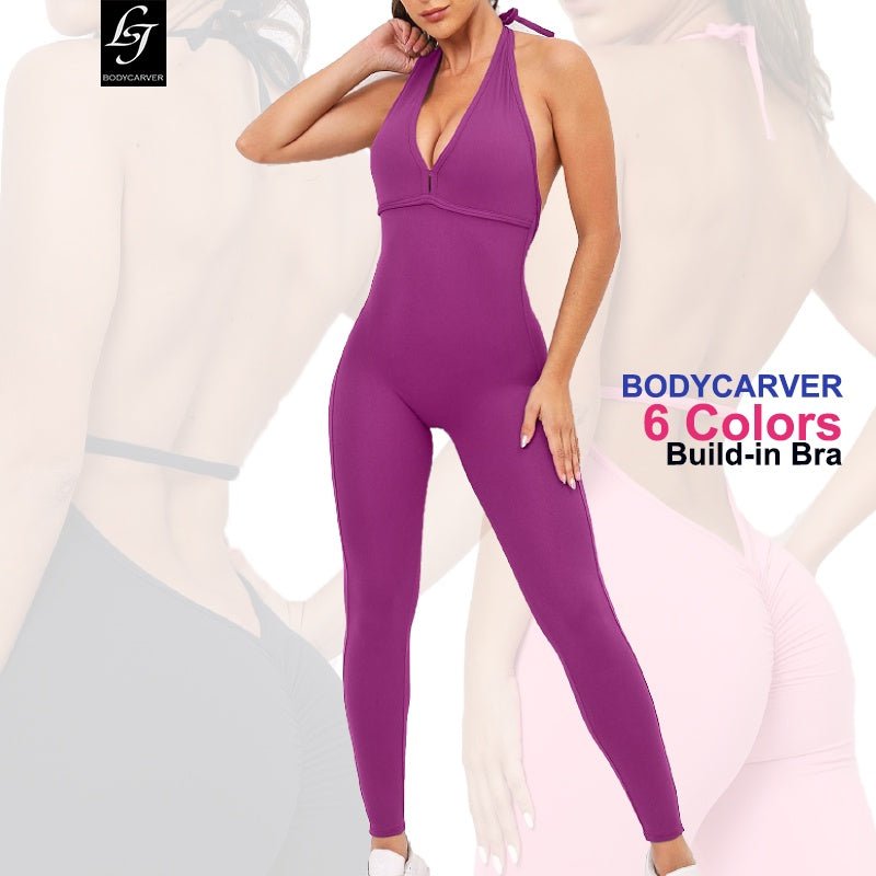 BODYCARVER Hang-Neck Yoga Jumpsuit Women Back Tie High Elastic Fitness Gym Suit Women Padded Pilate Workout Set Wear - BodyCarver