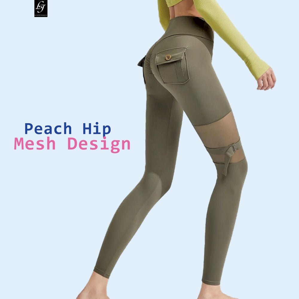 BODYCARVER High Waist Yoga Pant Women Hip Lift Mesh Fitness Pants Women Tight Leg Ring Training Sports Running Peach Hip-Lifting Legging - BodyCarver