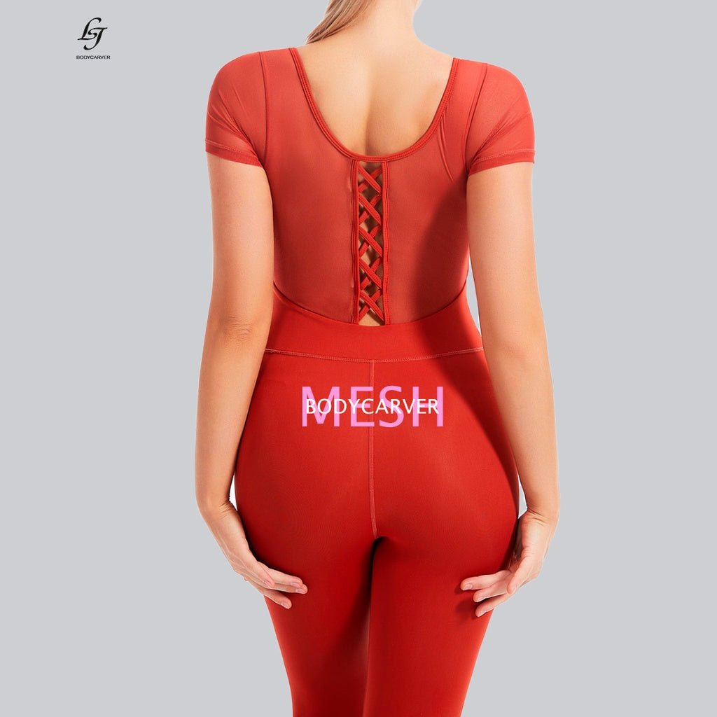 BODYCARVER Mesh Aerial Yoga Bodysuit Women Padded Fitness Sports One Piece Outfit High Elastic Ballet Dancing Leotard - BodyCarver
