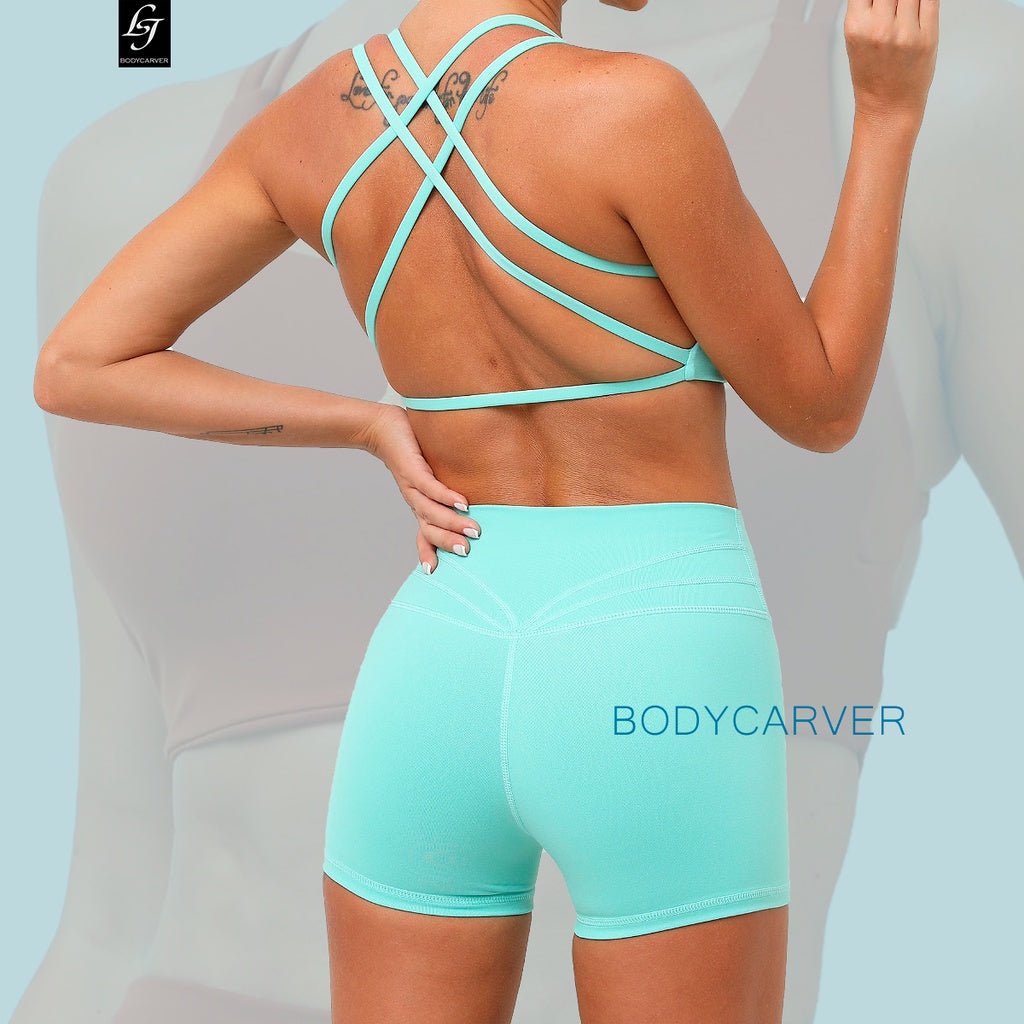 BODYCARVER New Cross Back Athleisure Outfit Women High Elastic Fitness Yoga Set Wear Beauty Back Bra Skinny Running Sports Suit For Women - BodyCarver