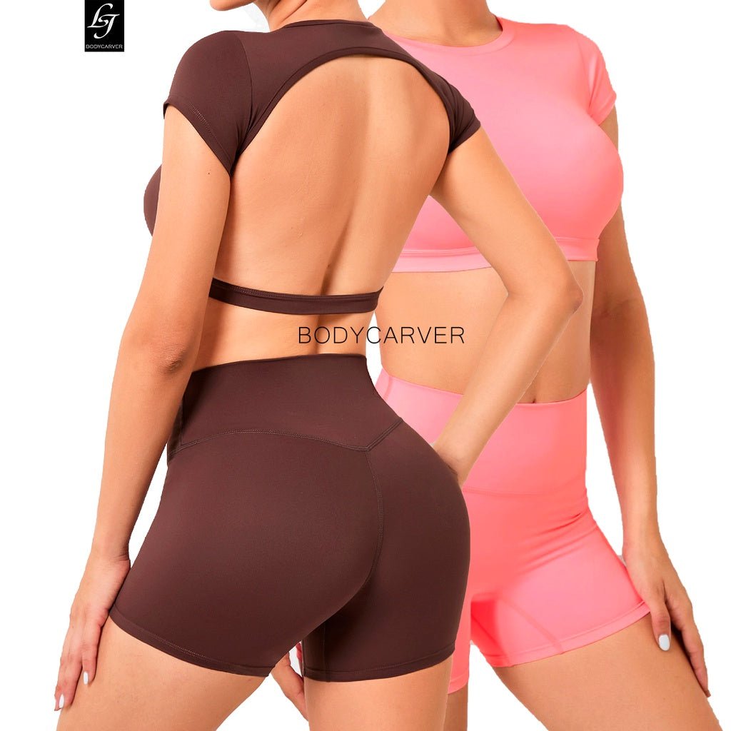 BODYCARVER NO-PAD Backless Sports Outfit Women Buttery Yoga Suit 2 Pcs Fitness Workout Set Wear - BodyCarver