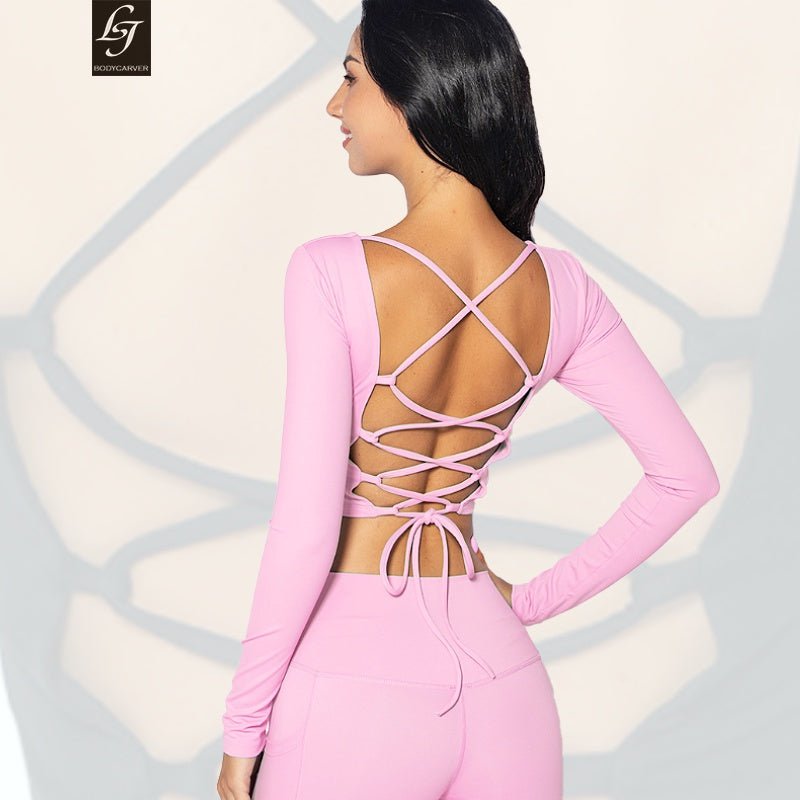 BODYCARVER OOTD Beauty Back Yoga Top Women Padded Sports Fitness Long Sleeve T-shirt Dri-fit Backless Women Casual Top - BodyCarver