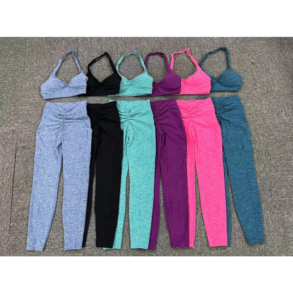 BODYCARVER PIXEL Pocket Yoga Suit Oufit Women Hang-Neck Beauty Back Sports Wear Set V Waist Trousers Fitness Sportswear Halter Adjustable Bra Running Outfit - BodyCarver