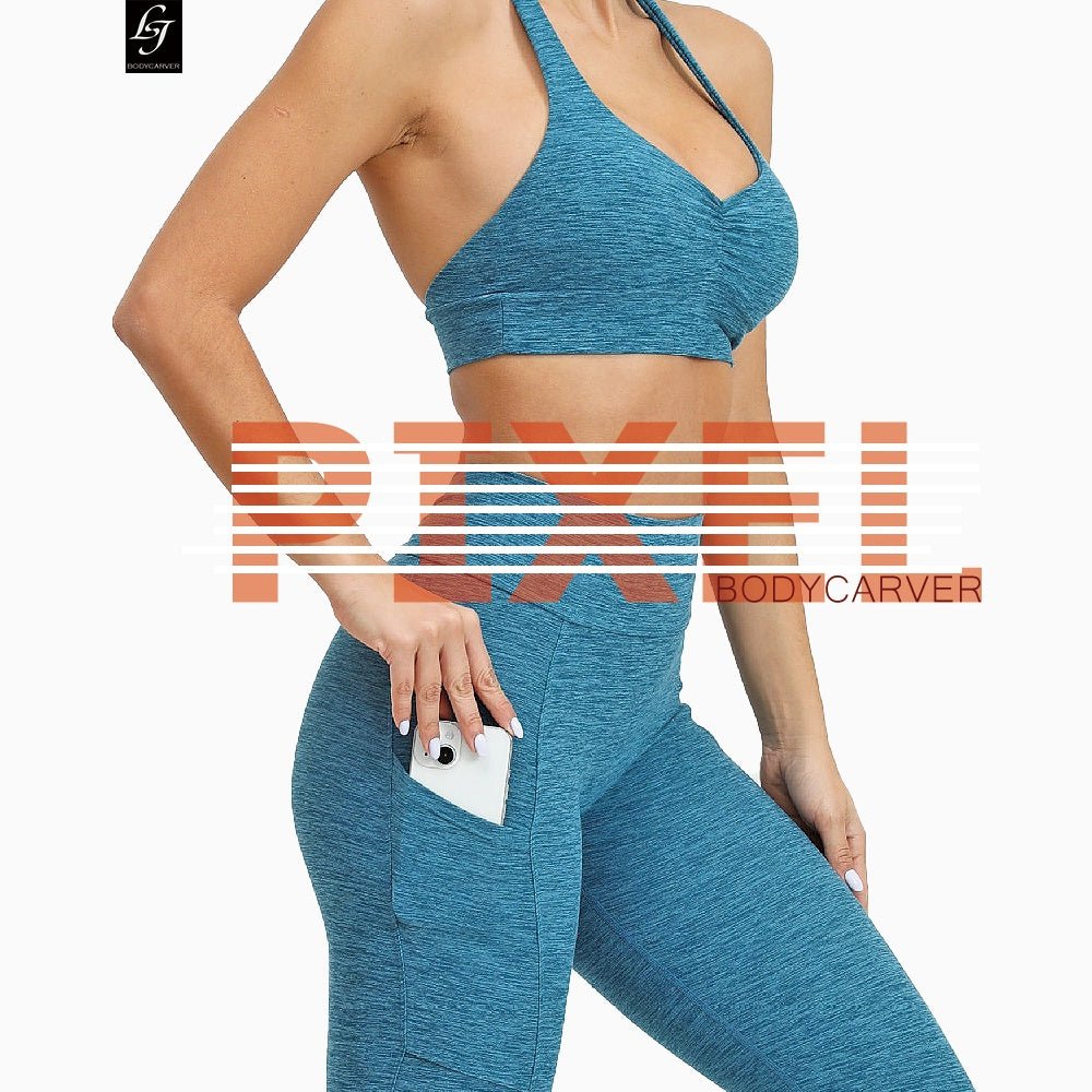 BODYCARVER PIXEL Pocket Yoga Suit Oufit Women Hang-Neck Beauty Back Sports Wear Set V Waist Trousers Fitness Sportswear Halter Adjustable Bra Running Outfit - BodyCarver