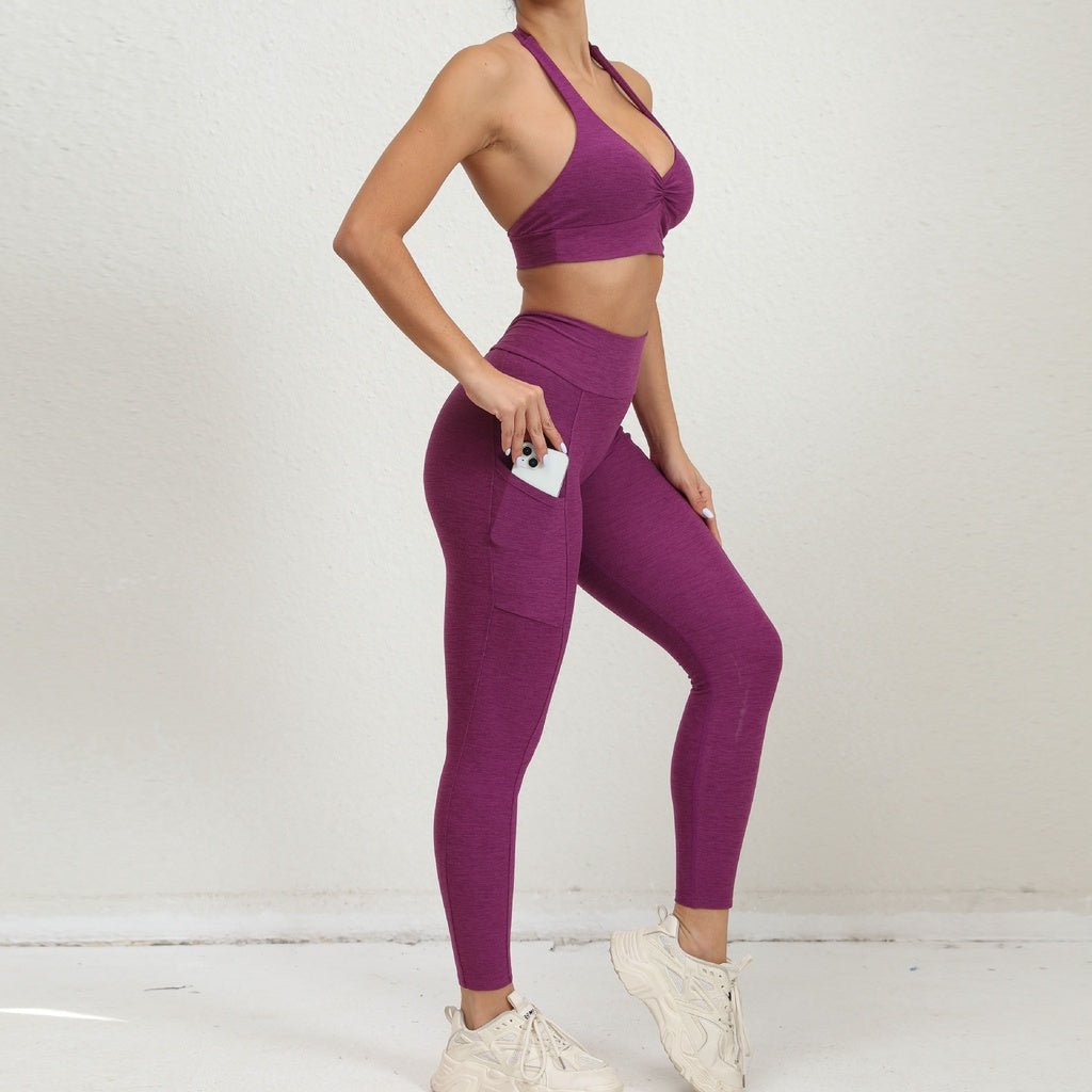BODYCARVER PIXEL Pocket Yoga Suit Oufit Women Hang-Neck Beauty Back Sports Wear Set V Waist Trousers Fitness Sportswear Halter Adjustable Bra Running Outfit - BodyCarver