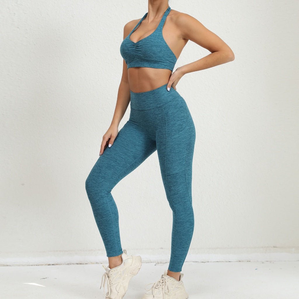 BODYCARVER PIXEL Pocket Yoga Suit Oufit Women Hang-Neck Beauty Back Sports Wear Set V Waist Trousers Fitness Sportswear Halter Adjustable Bra Running Outfit - BodyCarver
