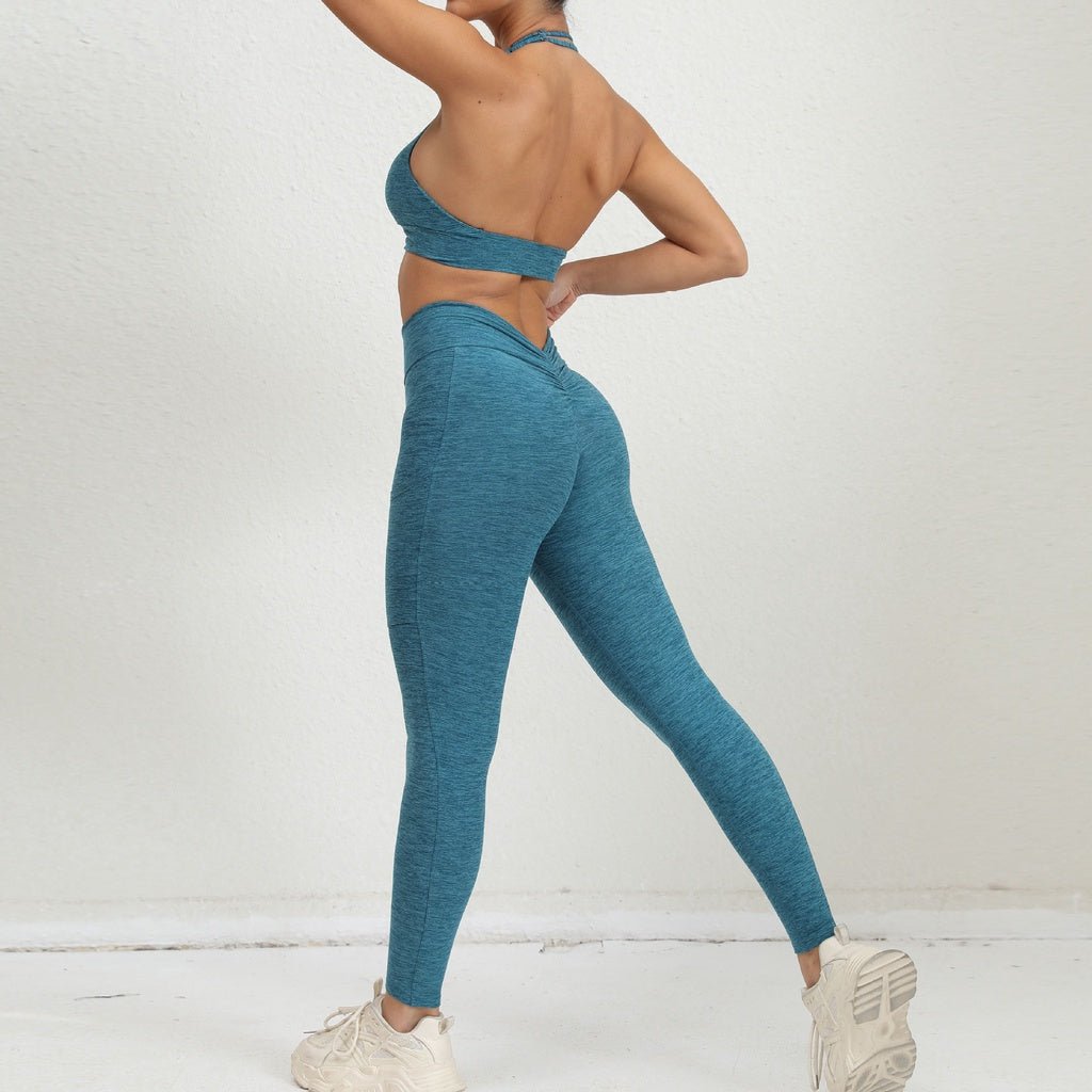 BODYCARVER PIXEL Pocket Yoga Suit Oufit Women Hang-Neck Beauty Back Sports Wear Set V Waist Trousers Fitness Sportswear Halter Adjustable Bra Running Outfit - BodyCarver