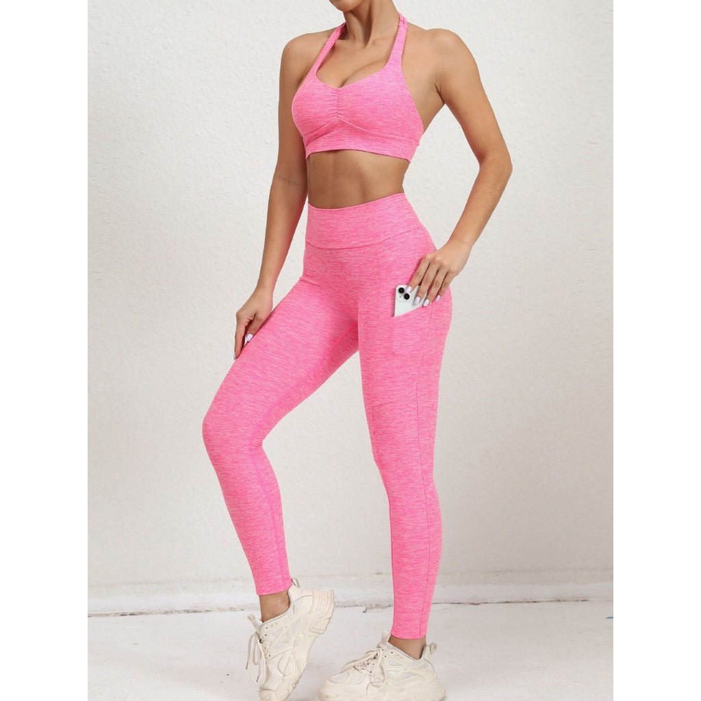 BODYCARVER PIXEL Pocket Yoga Suit Oufit Women Hang-Neck Beauty Back Sports Wear Set V Waist Trousers Fitness Sportswear Halter Adjustable Bra Running Outfit - BodyCarver