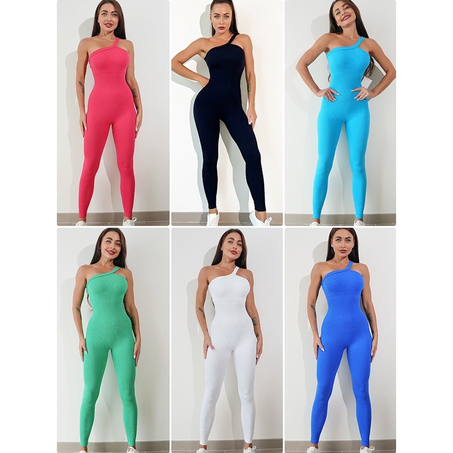 BODYCARVER Single Shoulder Yoga Bodysuit Women OOTD Build-In Bra Beauty Back One-Piece Jumpsuit Yoga Jumpsuit Fitness Sports Onesie For Women - BodyCarver