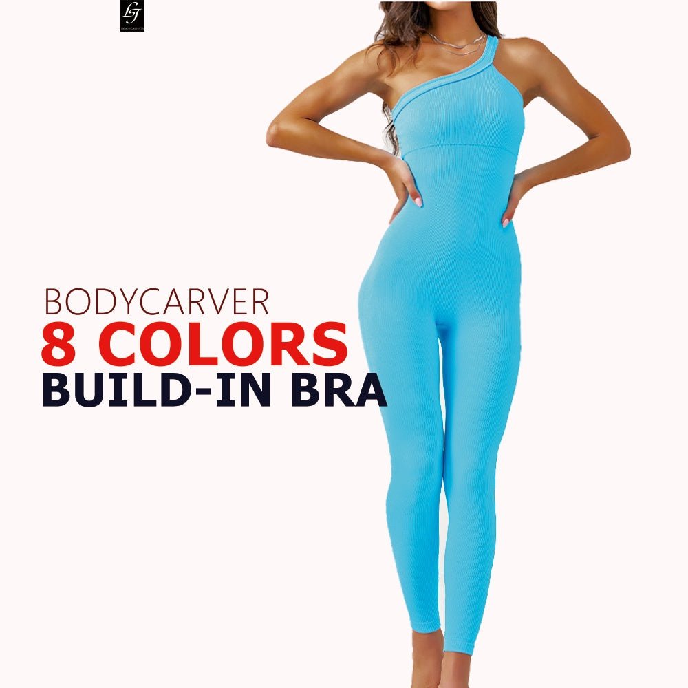 BODYCARVER Single Shoulder Yoga Bodysuit Women OOTD Build-In Bra Beauty Back One-Piece Jumpsuit Yoga Jumpsuit Fitness Sports Onesie For Women - BodyCarver